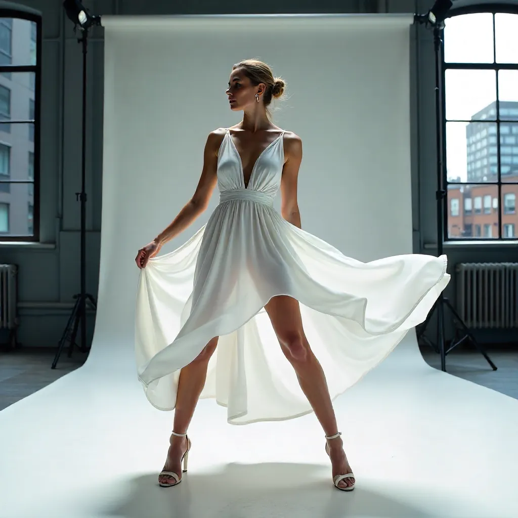 Dynamic Studio Fashion Portrait in White Dress - London