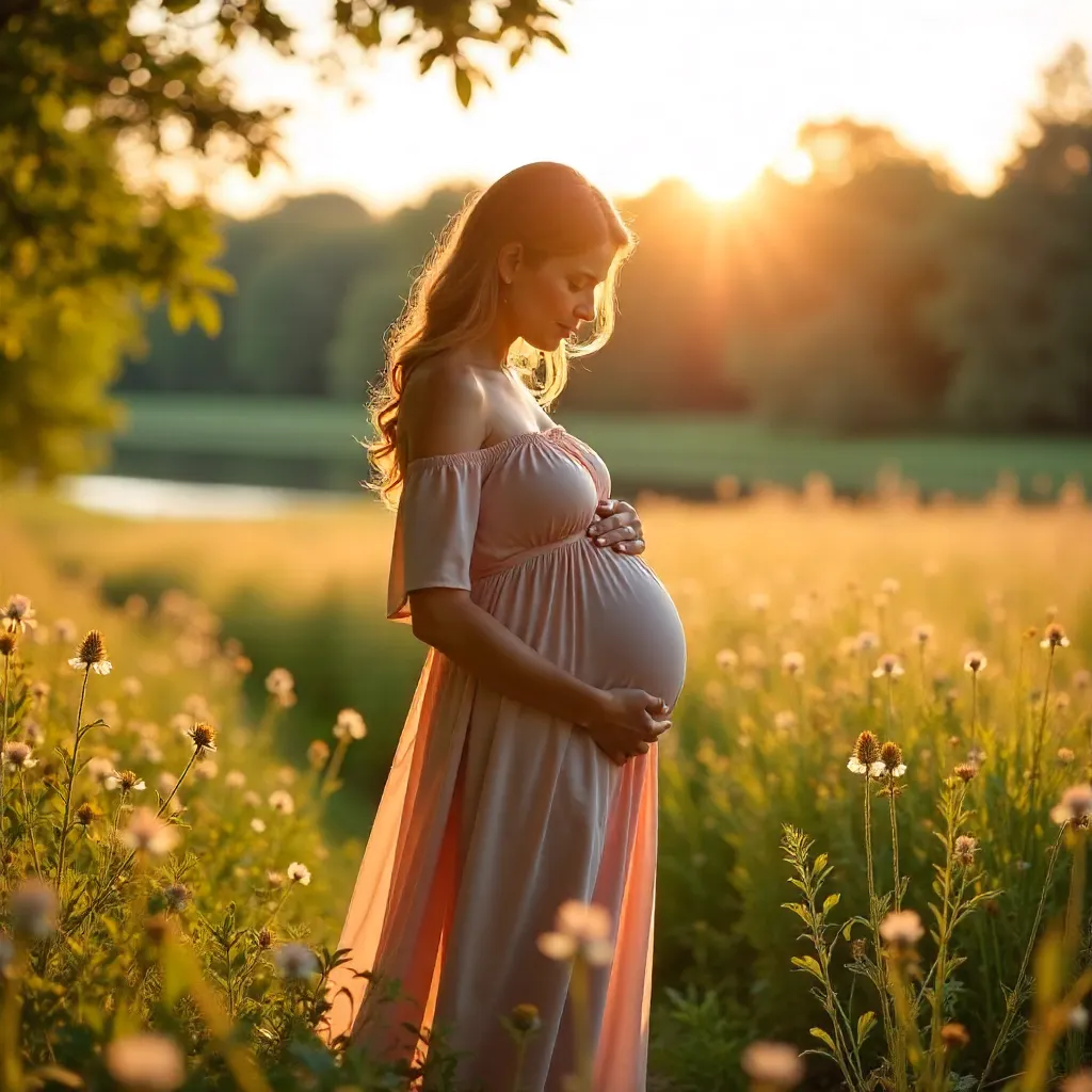 Golden Hour Serenity: Pregnant Woman Outdoors