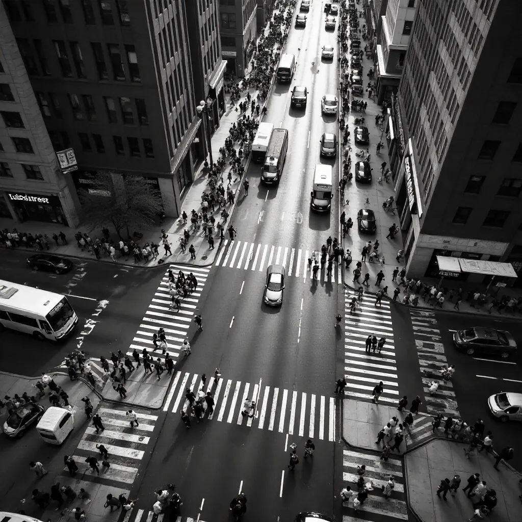 Aerial Monochrome Crossing Over Busy City Crosswalks