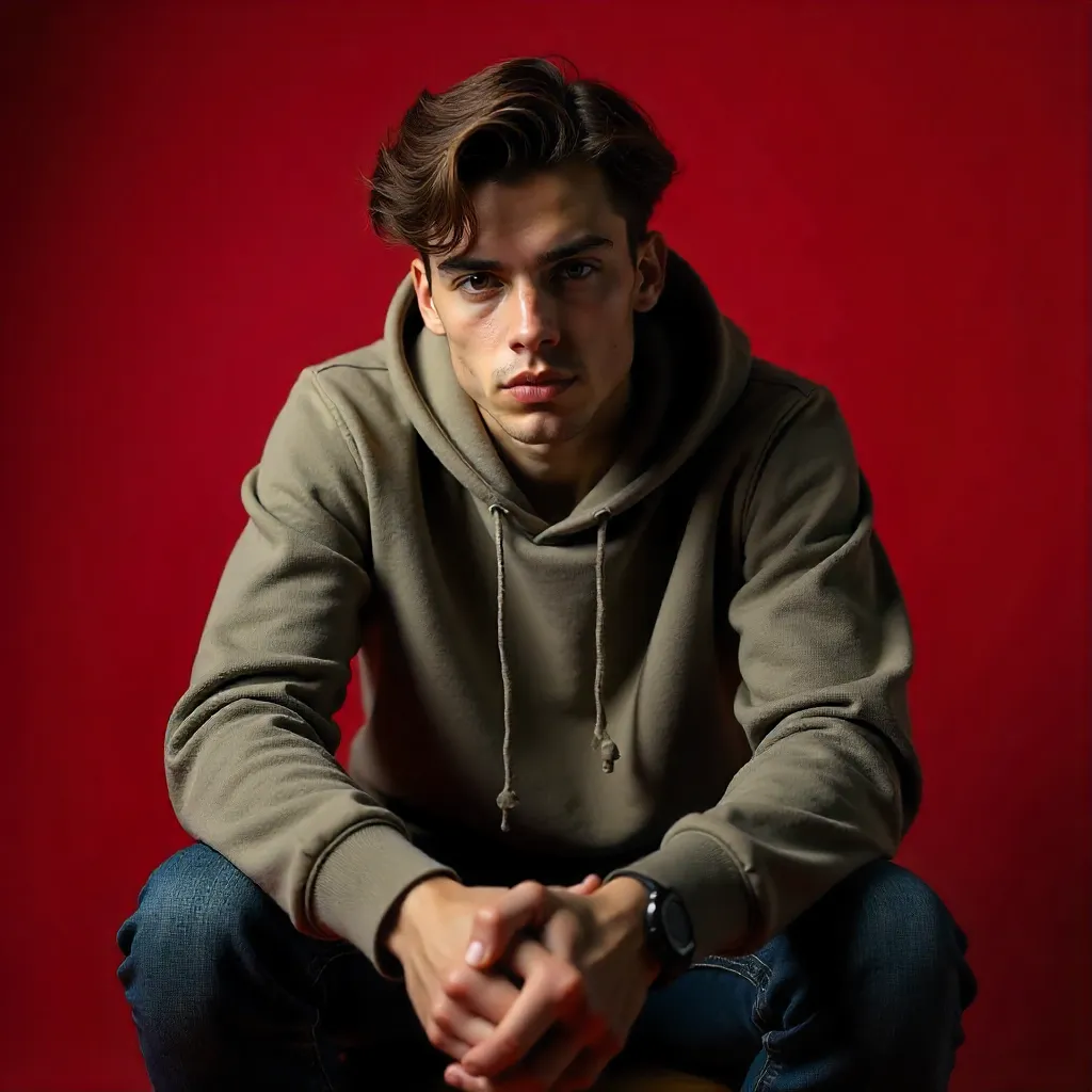 Contemplative Young Man on Red Backdrop