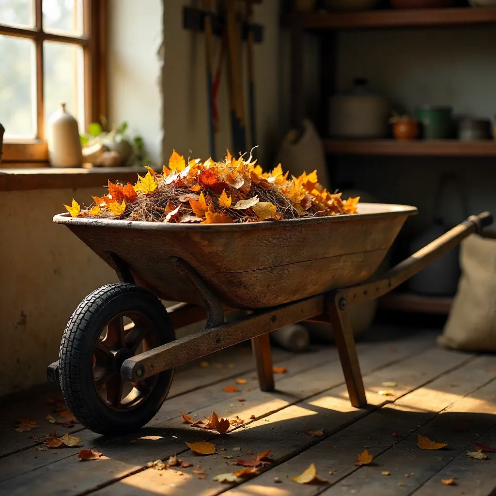 Indoor Rustic Wheelbarrow Laden with Leaves