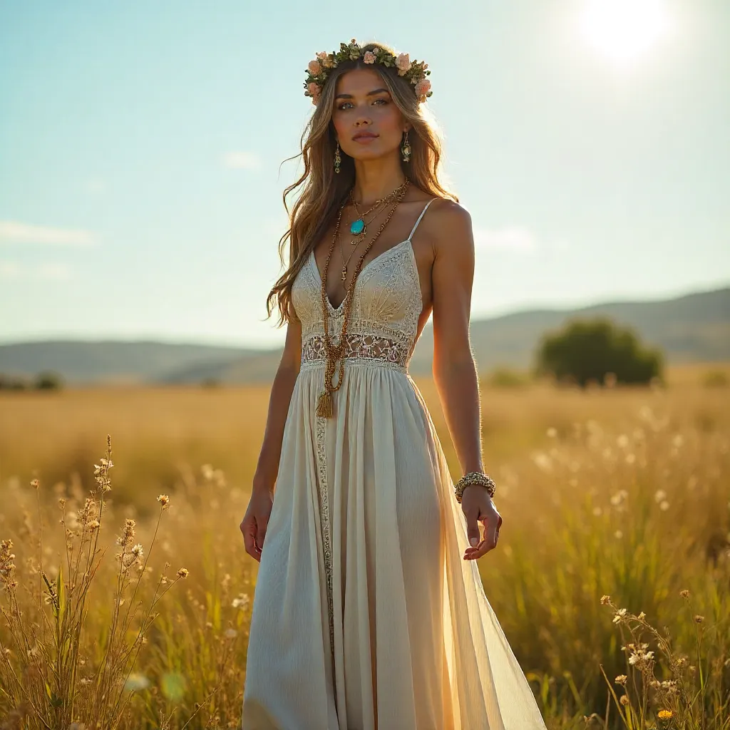 Elegant Bohemian Belle Under a Clear Sky