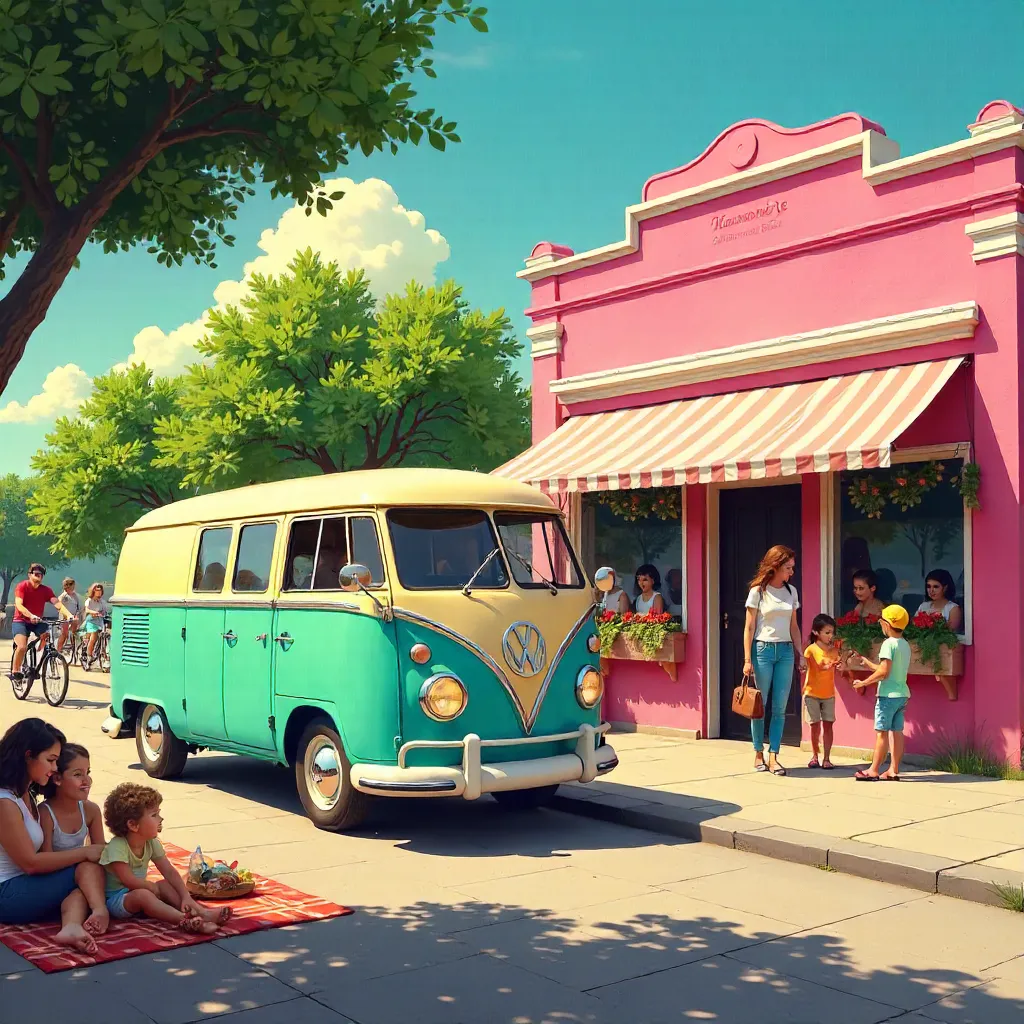 Retro Van by a Vibrant Pink Building, Outdoor Fun