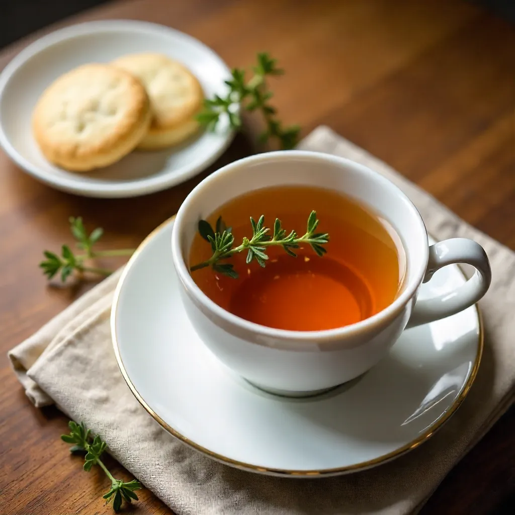 Elegant Flatlay: Thyme-Garnished Herbal Tea with Cookies