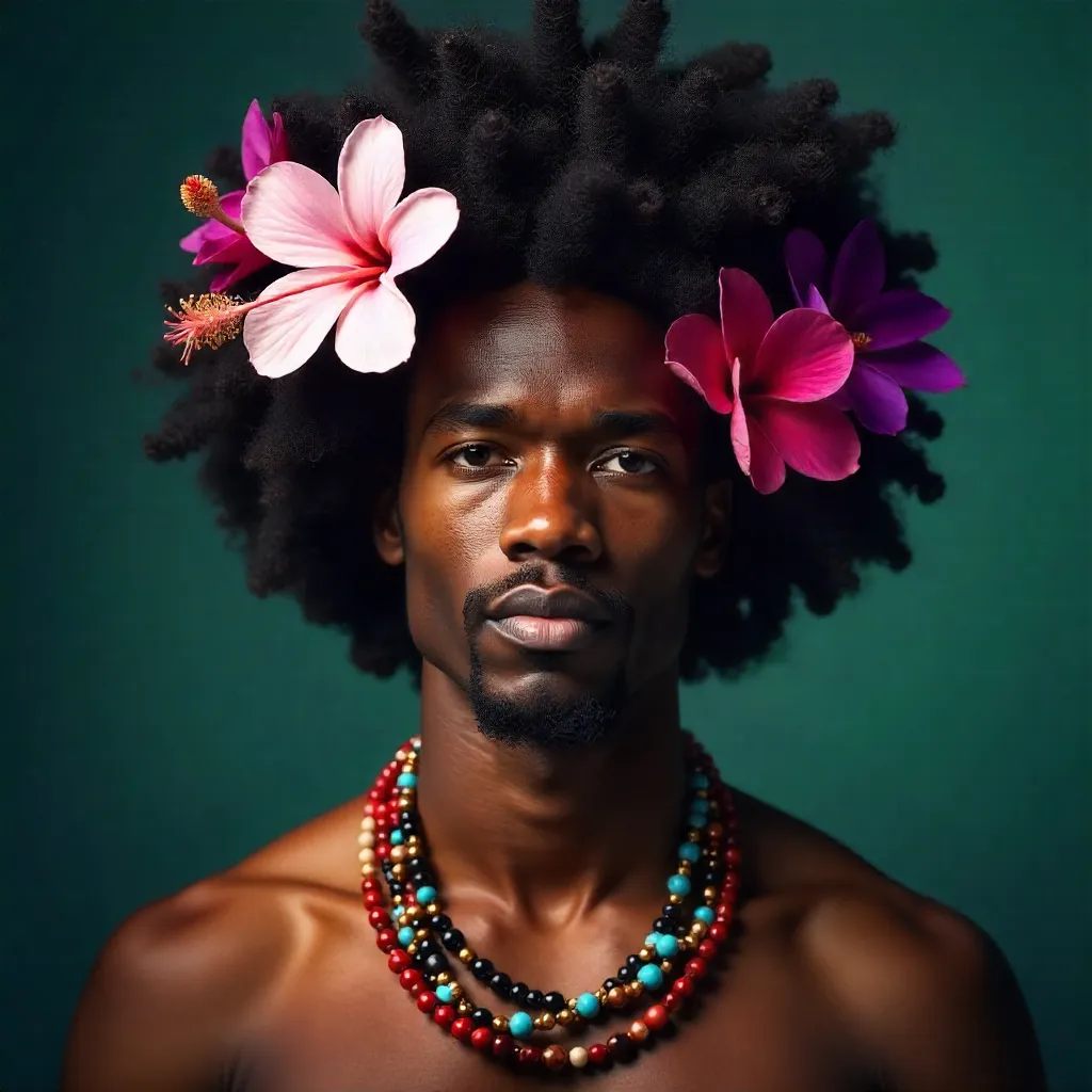 Floral Afro Portrait with Beaded Necklace