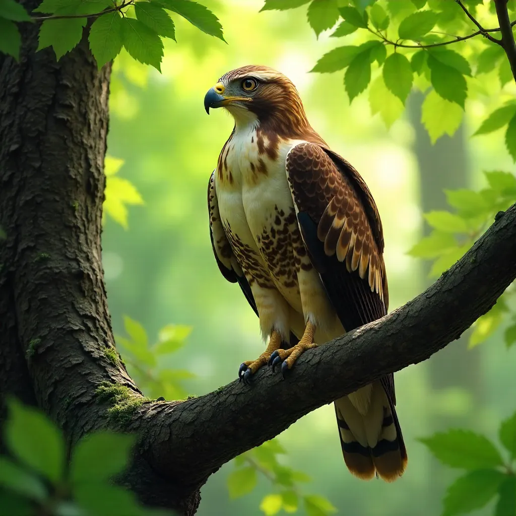 Majestic Hawk perched amid vibrant green leaves