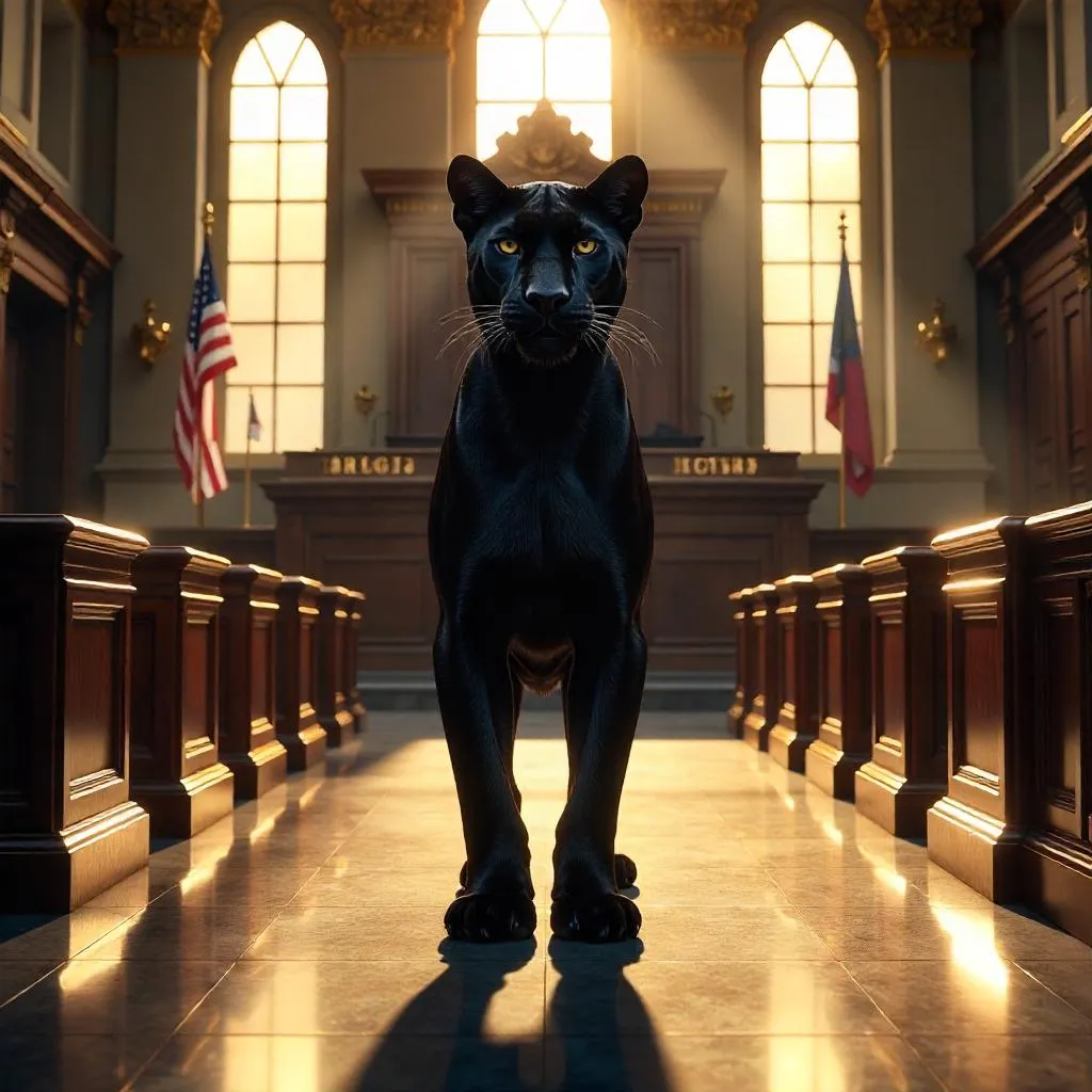Panther in Courtroom: A Photorealistic Scene