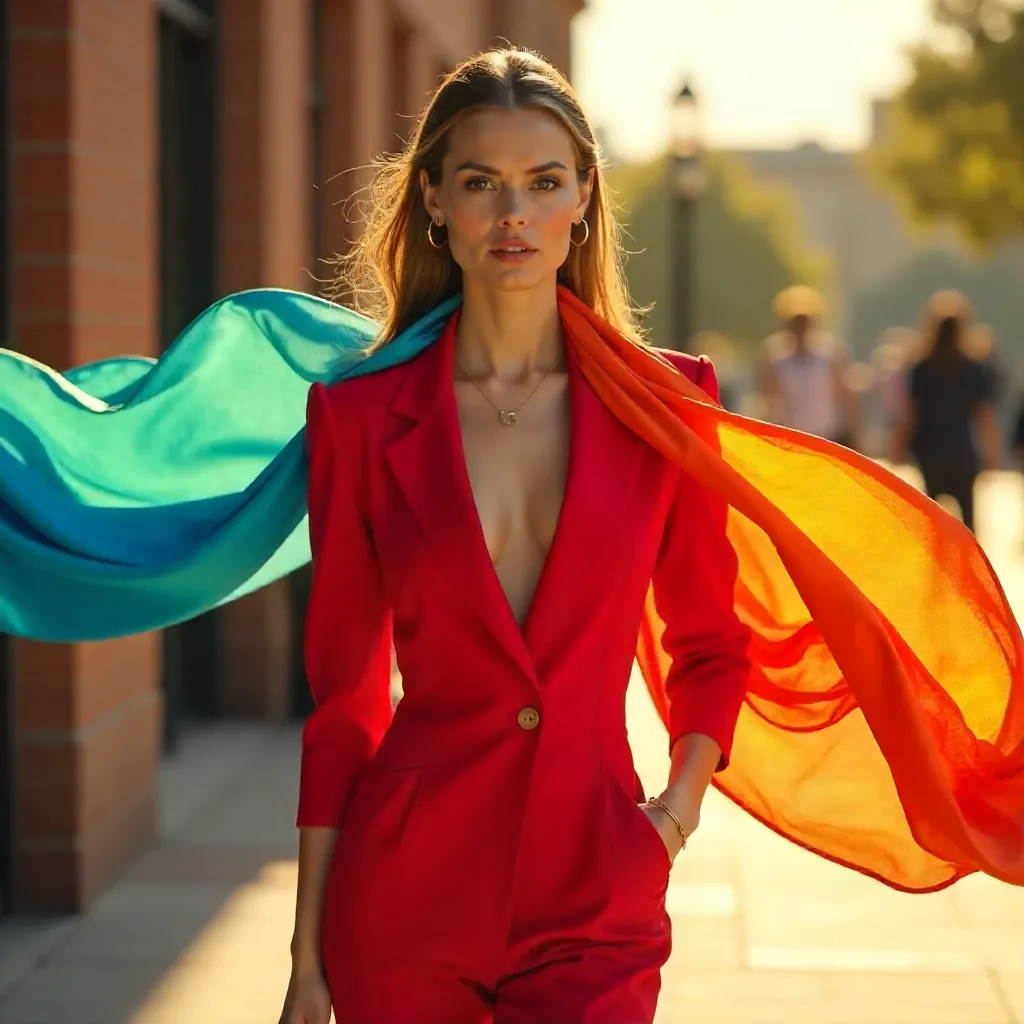 Bold Red Model Outdoors with Colorful Fabric
