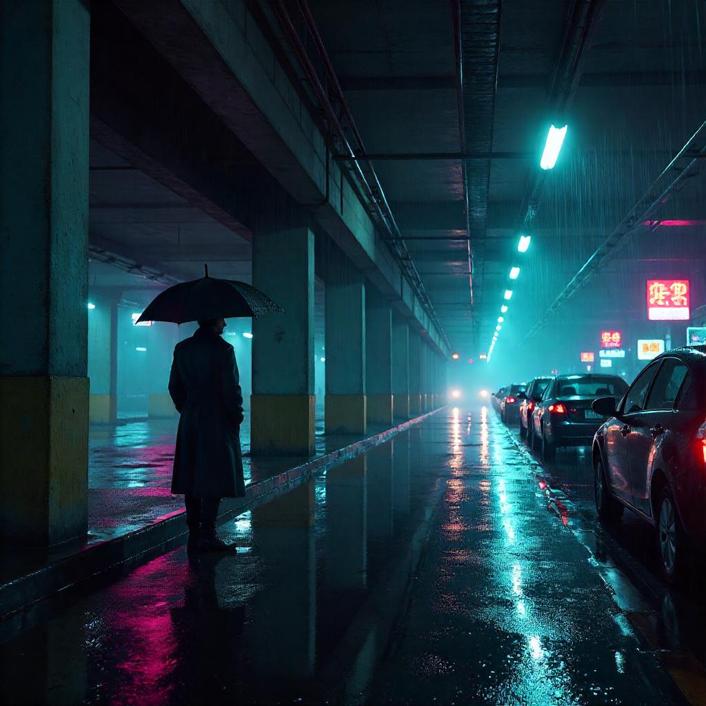 Rainlit Digital Night in a Parking Garage
