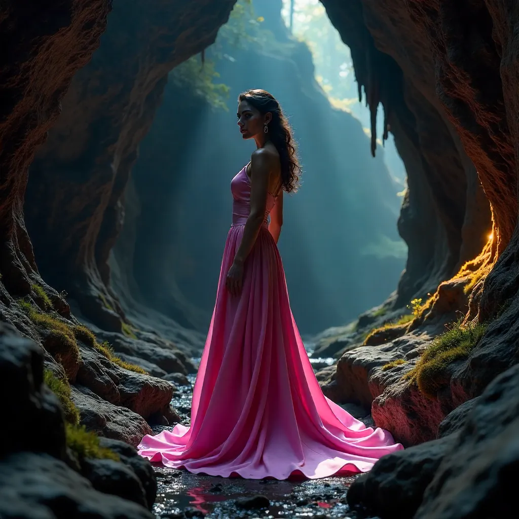 Elegant Pink Dress in a Mysterious Cave