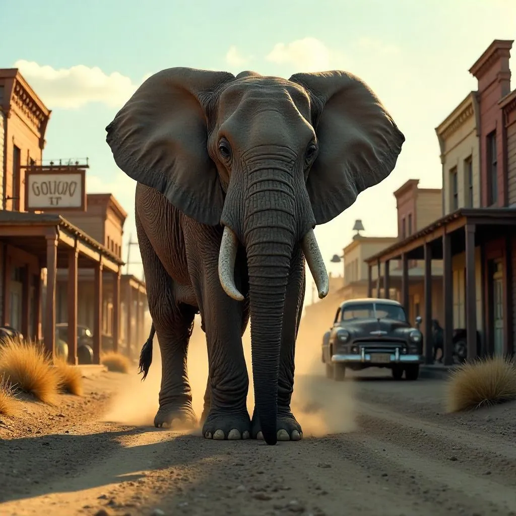 Photoreal Elephant in a Desert Ghost Town at Dusk