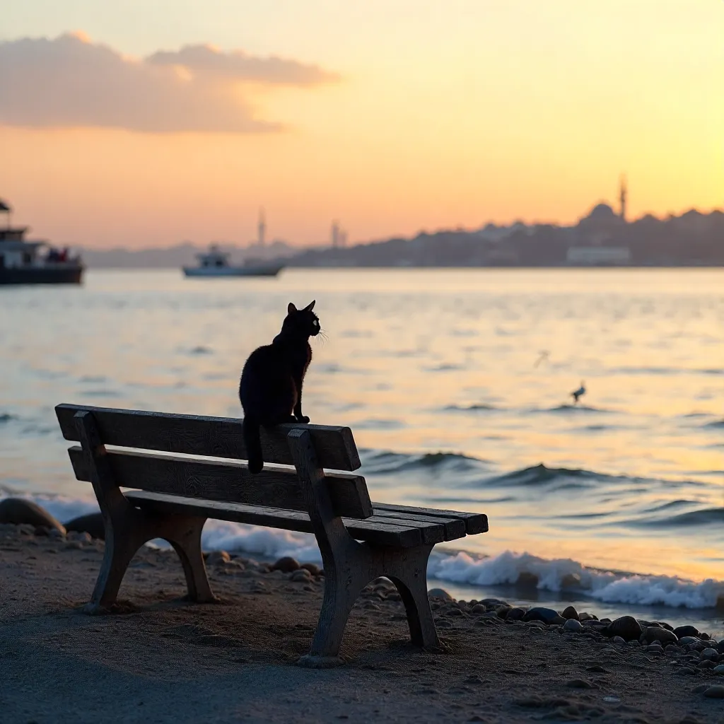 Tranquil Bursa Seaside Bench with a Black Cat