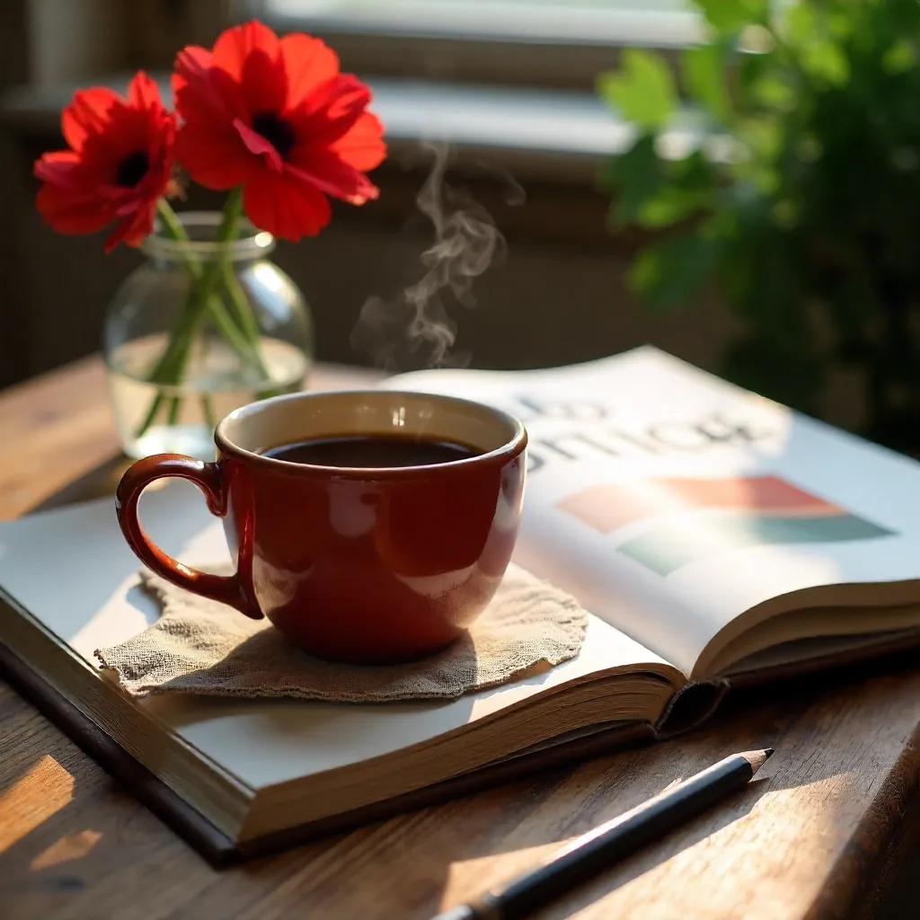 Cozy Coffee, Red Flowers on a Design Book