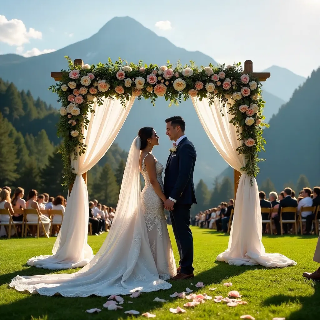Couple at Floral Gazebo Wedding with Mountain Backdrop