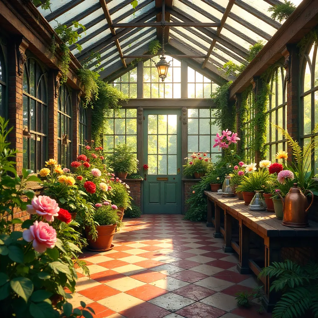 Vintage Greenhouse Interior Filled with Blooming Flowers