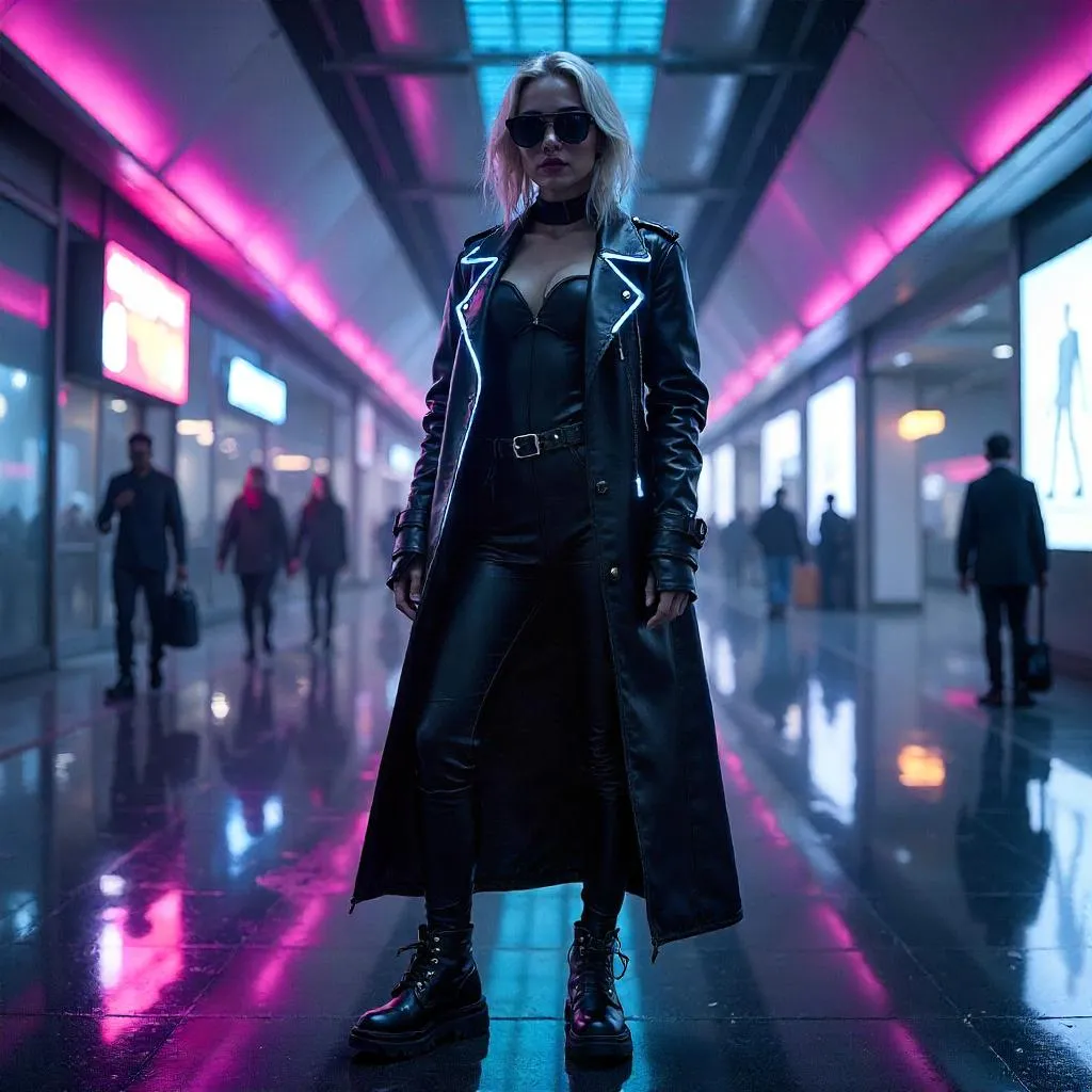 Neon-Chrome Confidence: Caucasian Woman in Cyberpunk Airport