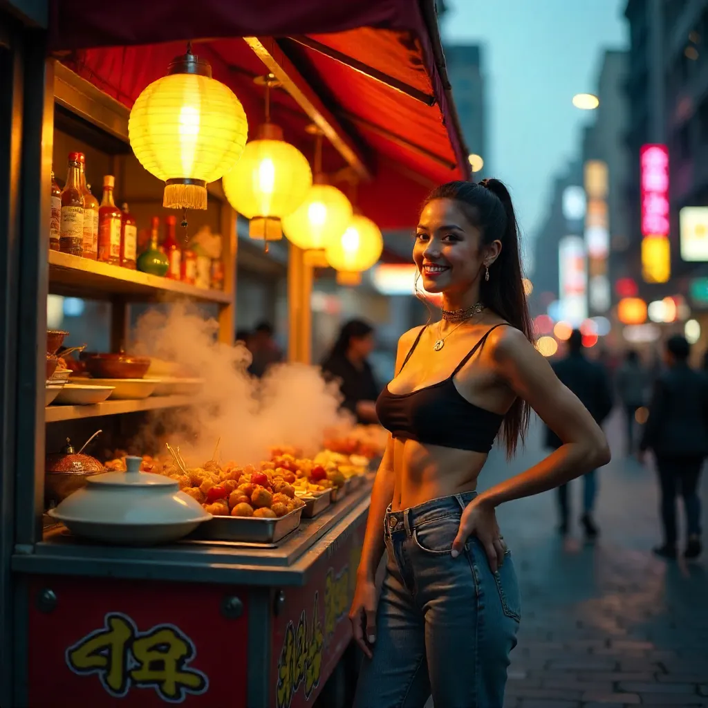City Street: Woman by a Vibrant Food Cart