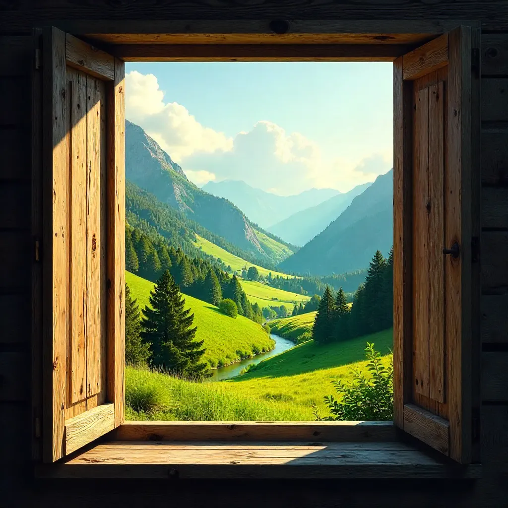 Valley Through an Open Wooden Window