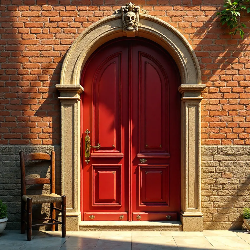 Red Arched Door with Ornate Design beside Rustic Chair