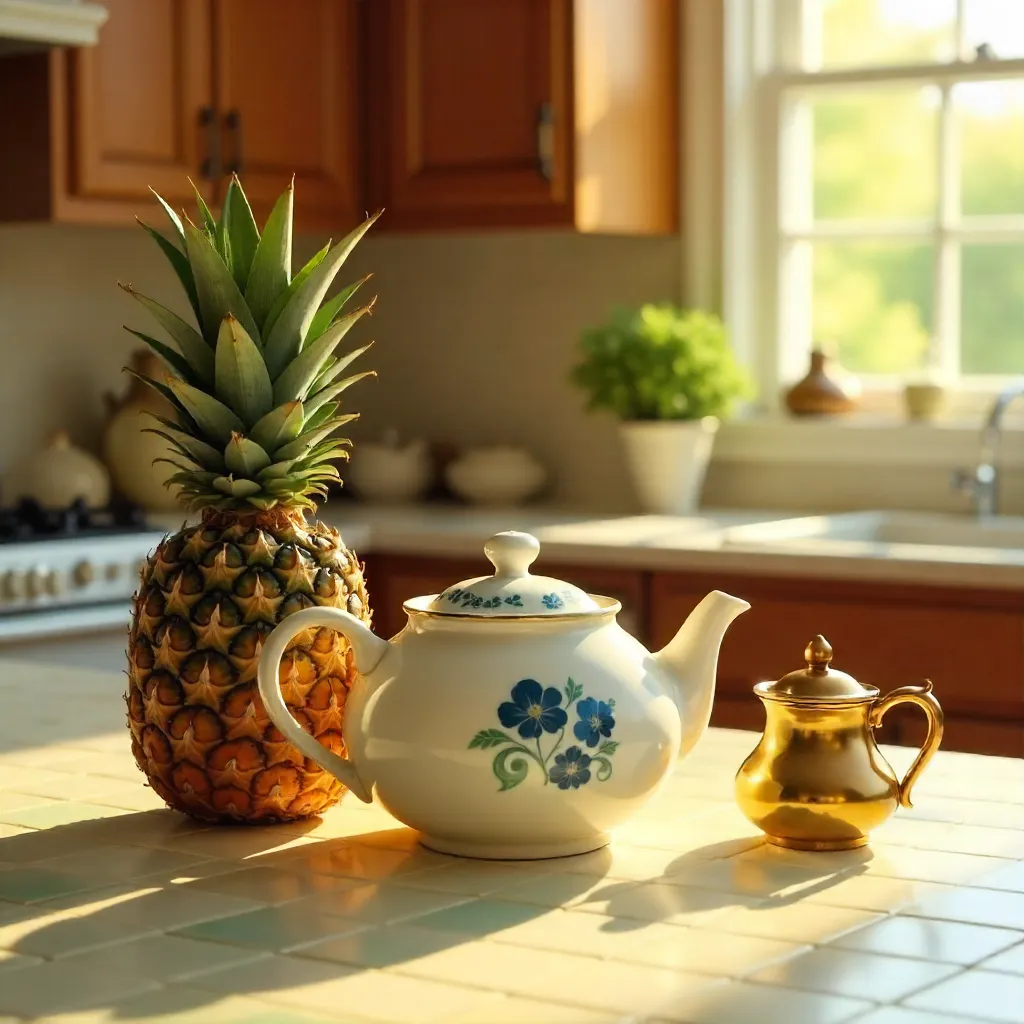 Cozy Kitchen Pineapple and Teapots on Tile Counter