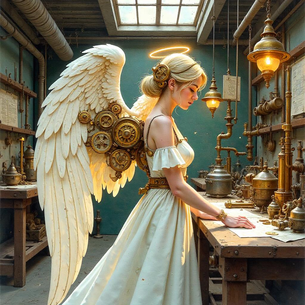 Watercolor Angel in a Brass Steampunk Workshop