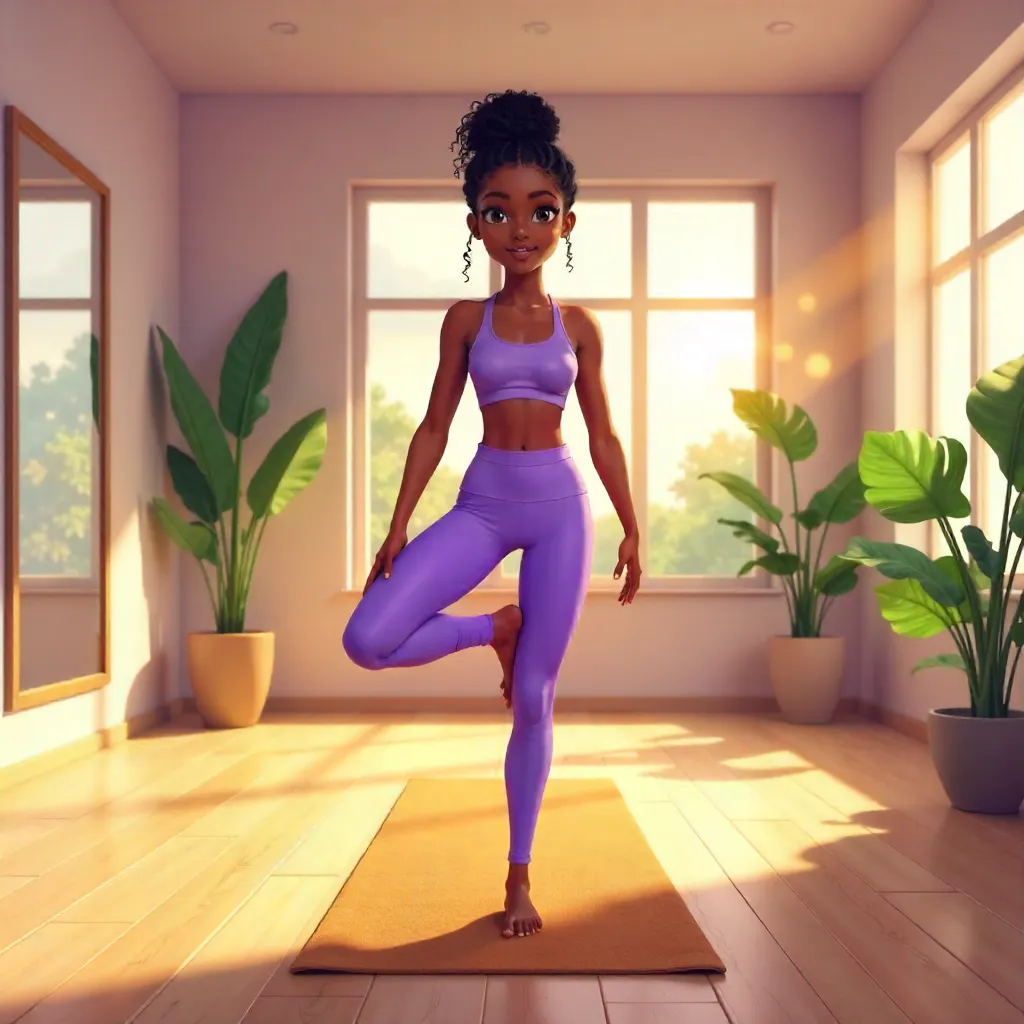 Elegant Anime Black Girl in a Serene Yoga Studio