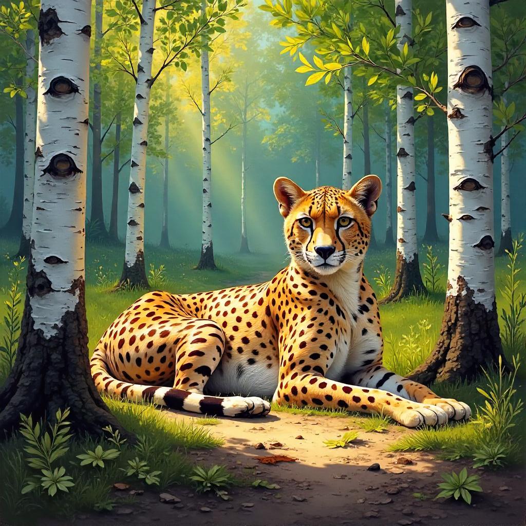 Cheetah in a Birch Forest — An Oil Painting Study