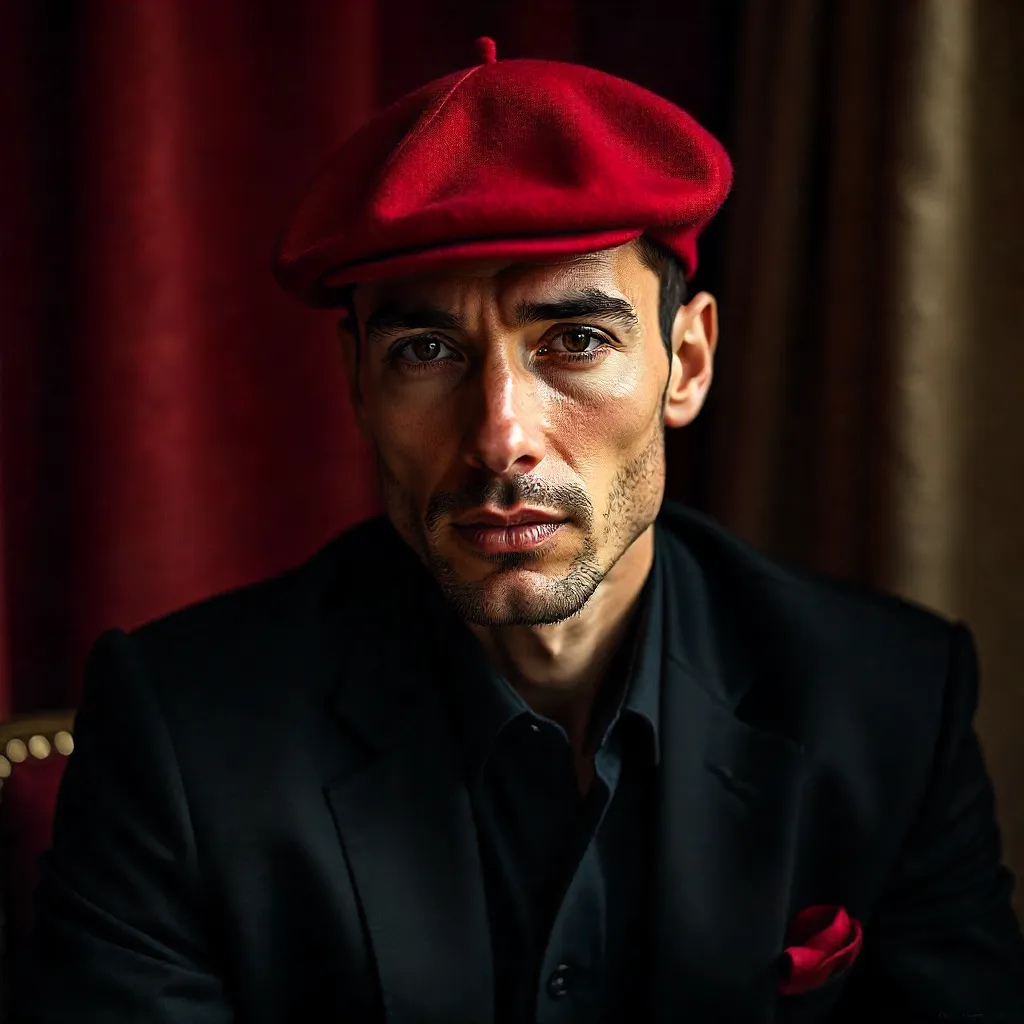 Elegant Contemplative Portrait: Red Beret in Warm Indoor Light