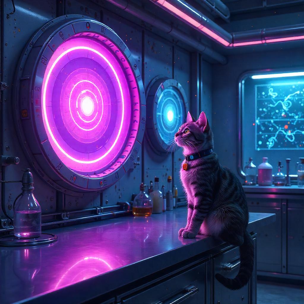 Portal Lab Cat: Neon-Drenched Digital Art