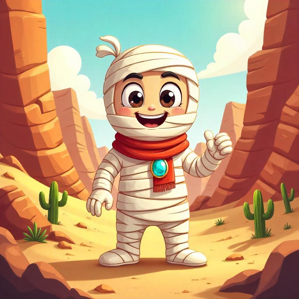 Cheerful Cartoon Mummy in a Desert Canyon