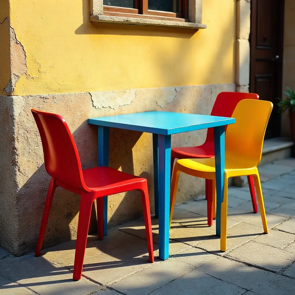 Vibrant Chairs and Blue Table by Textured Wall