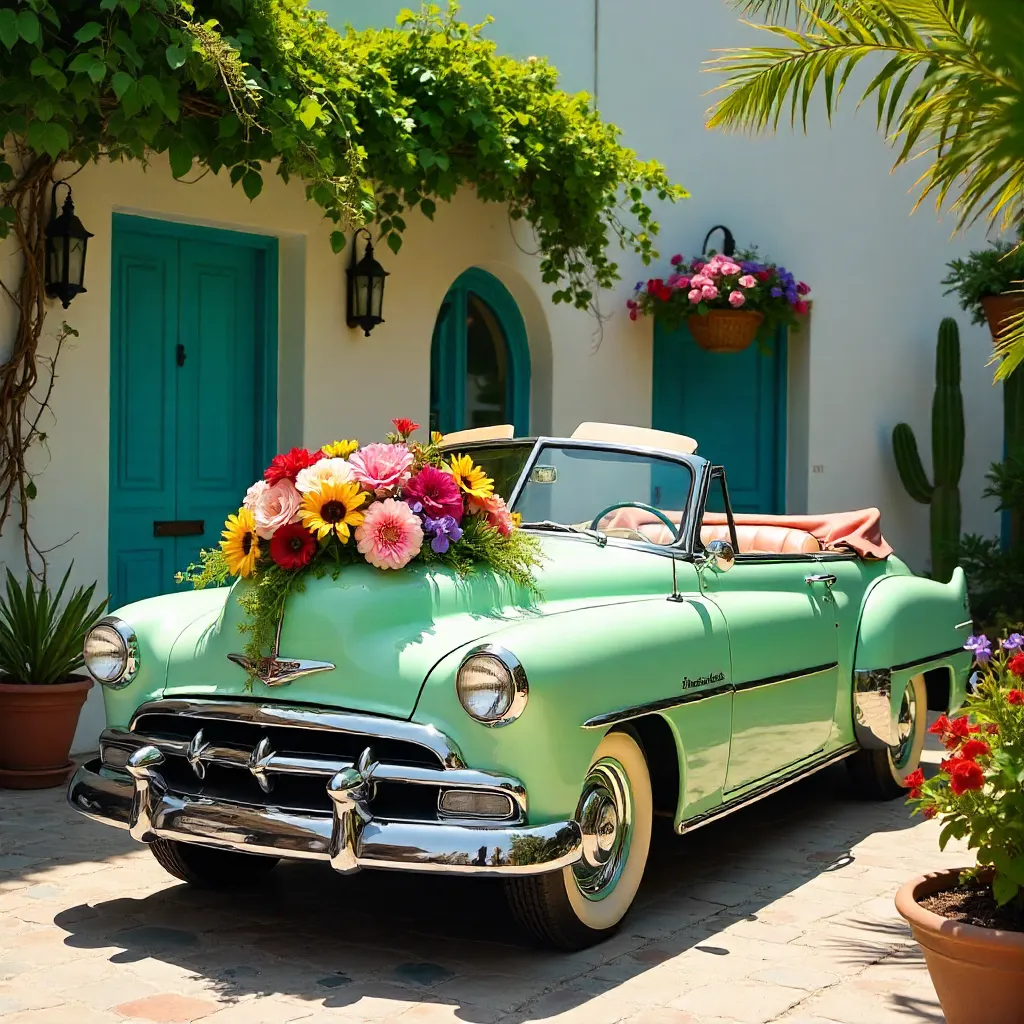 Floral-Adorned Vintage Car in Bright Sunlight