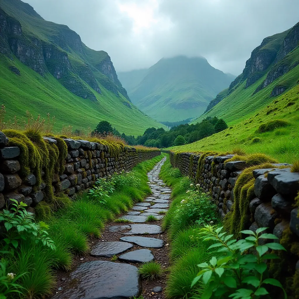 Stone Path to Welsh Mountains Under Clouds