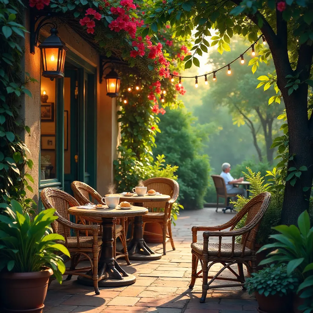 Cozy Outdoor Café: Wicker Chairs Among Greenery