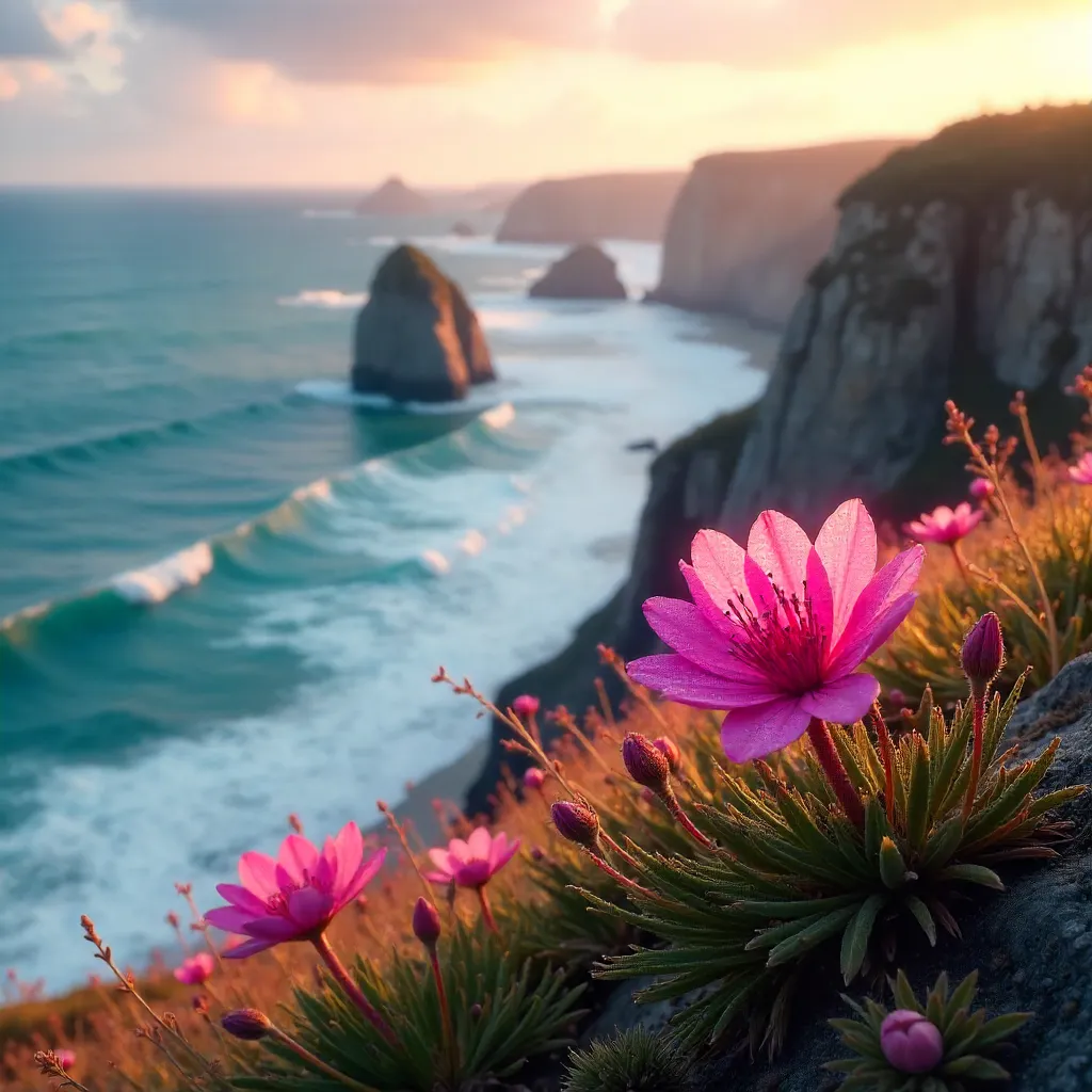 Pink Ice Plants Bloom on Coastal Cliffs