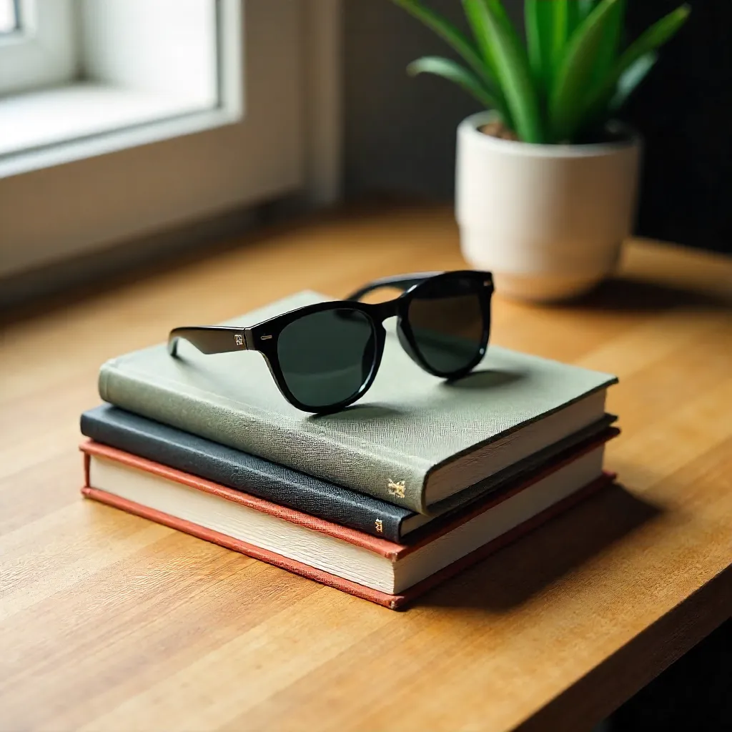 Stylish Desk Setup with Books, Sunglasses, and Plant