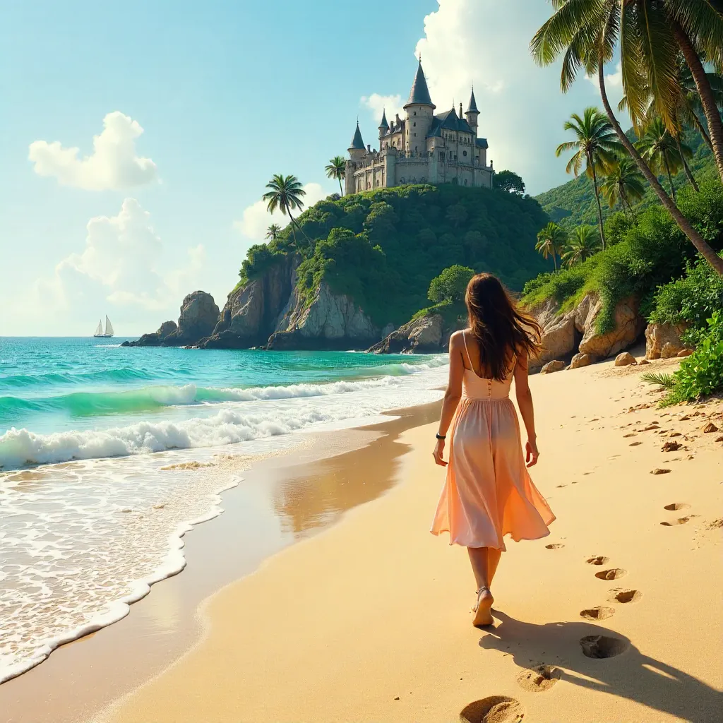 Woman Walking on a Sandy Beach Toward a Hilltop Castle