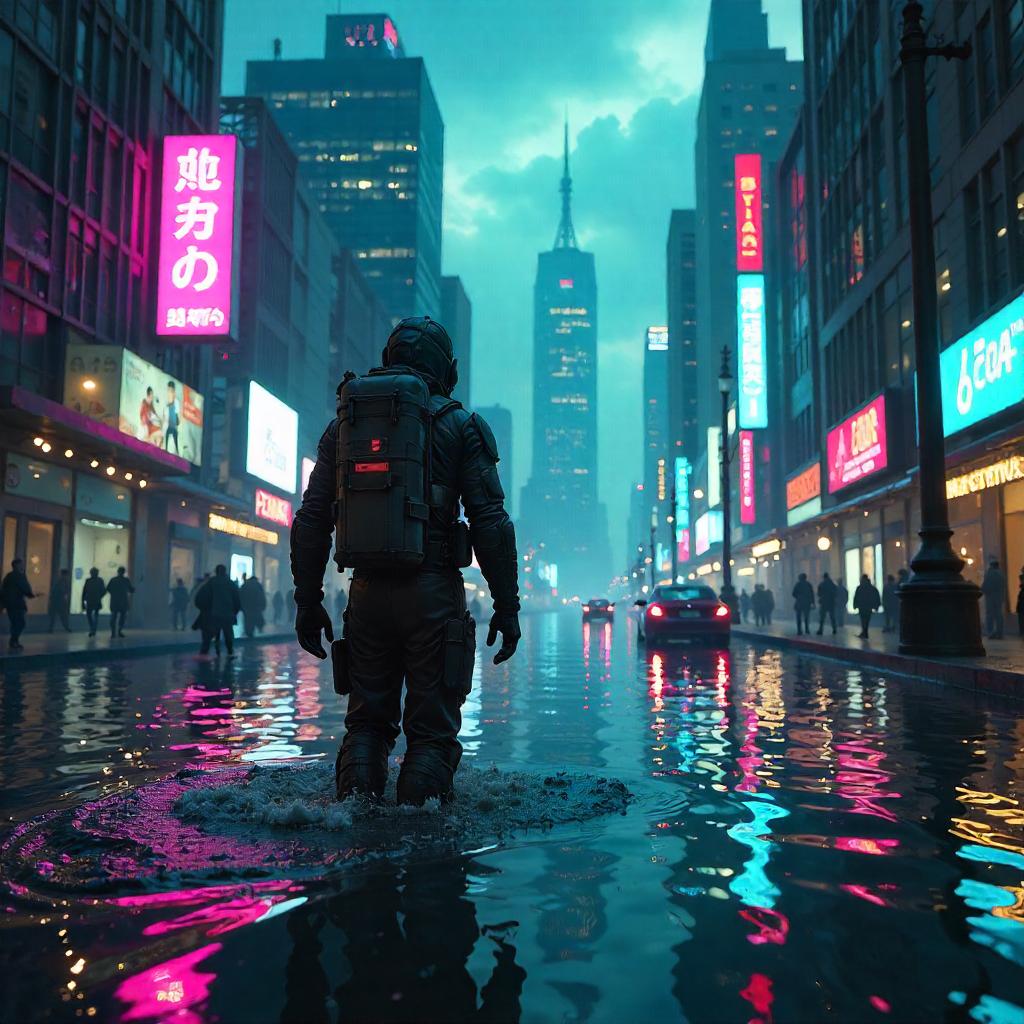 Digital Explorer in a Flooded Neon City