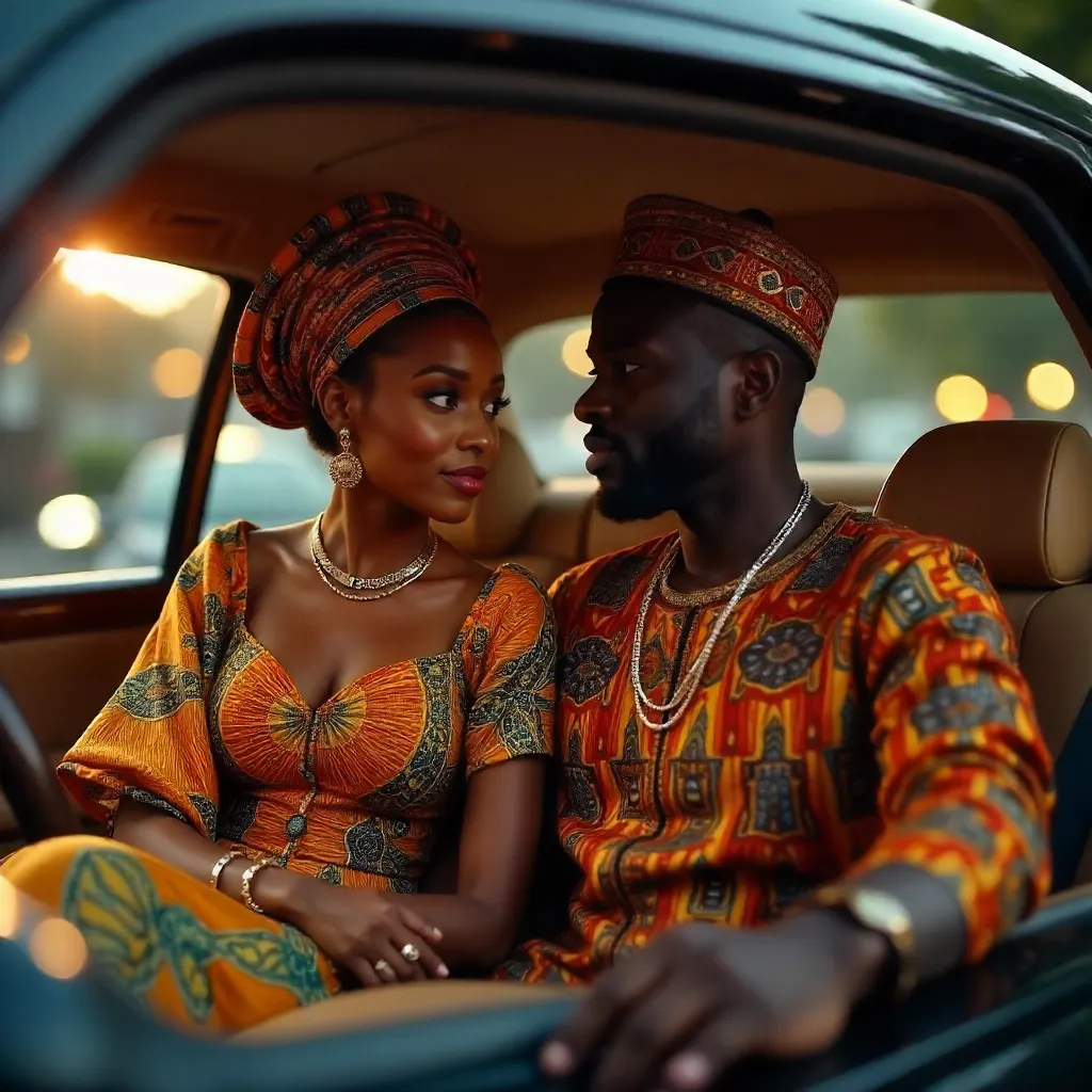 African Couple in a Car in Traditional Attire