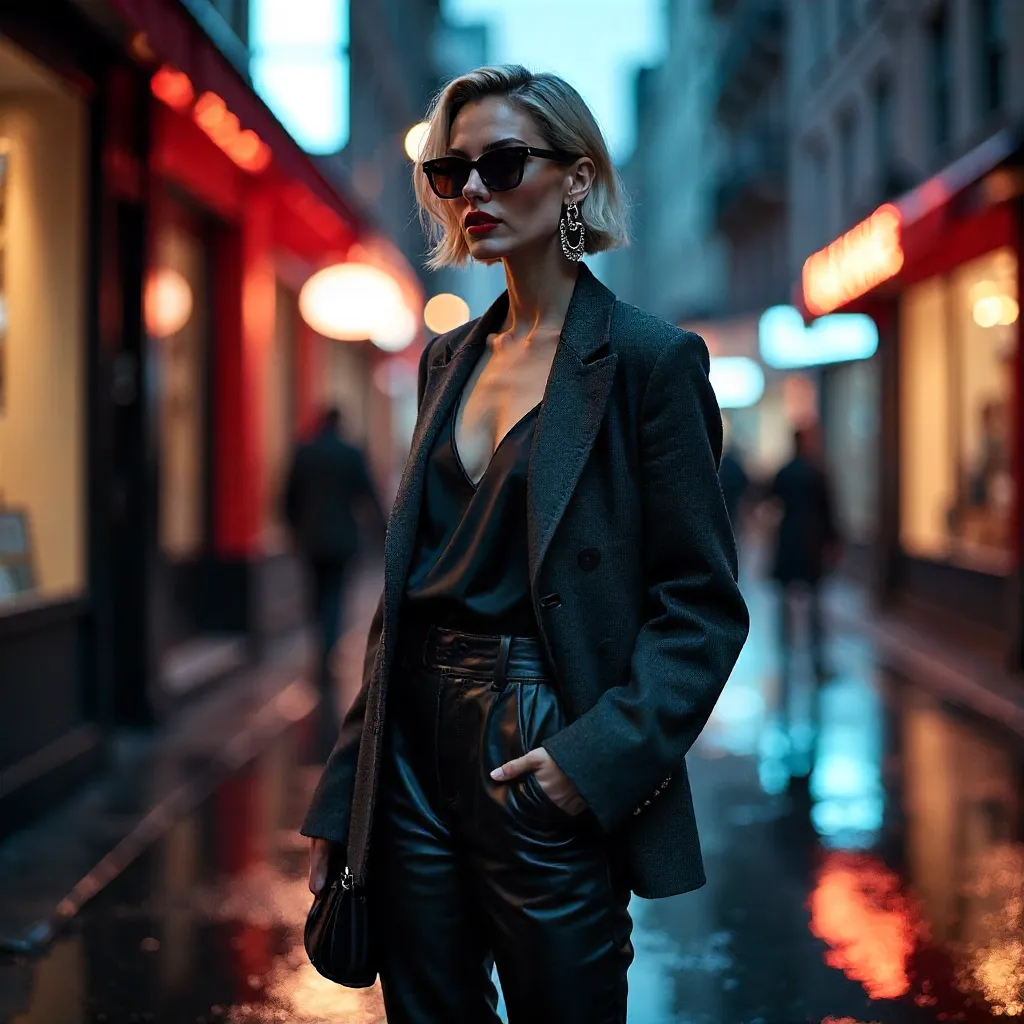 Urban Chic Portrait on a Neon City Street