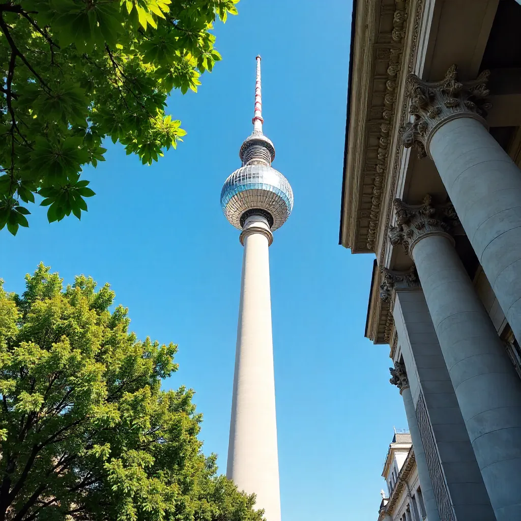 Berlin TV Tower Framed by Blue Sky and Classical Architecture