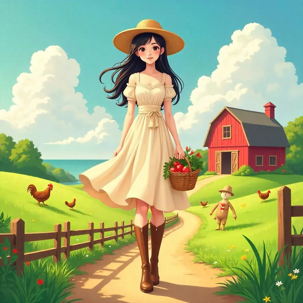 Elegant Asian Woman on a Sunny Farm - Cartoon Style