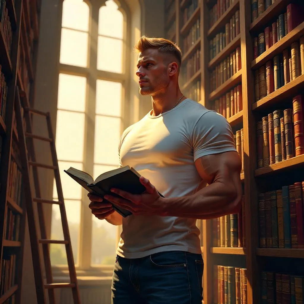 Athletic White Man in a Library - Digital Art