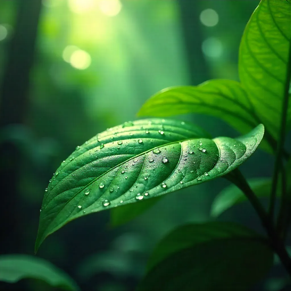 Dew-Kissed Tropical Leaves in Misty Rainforest