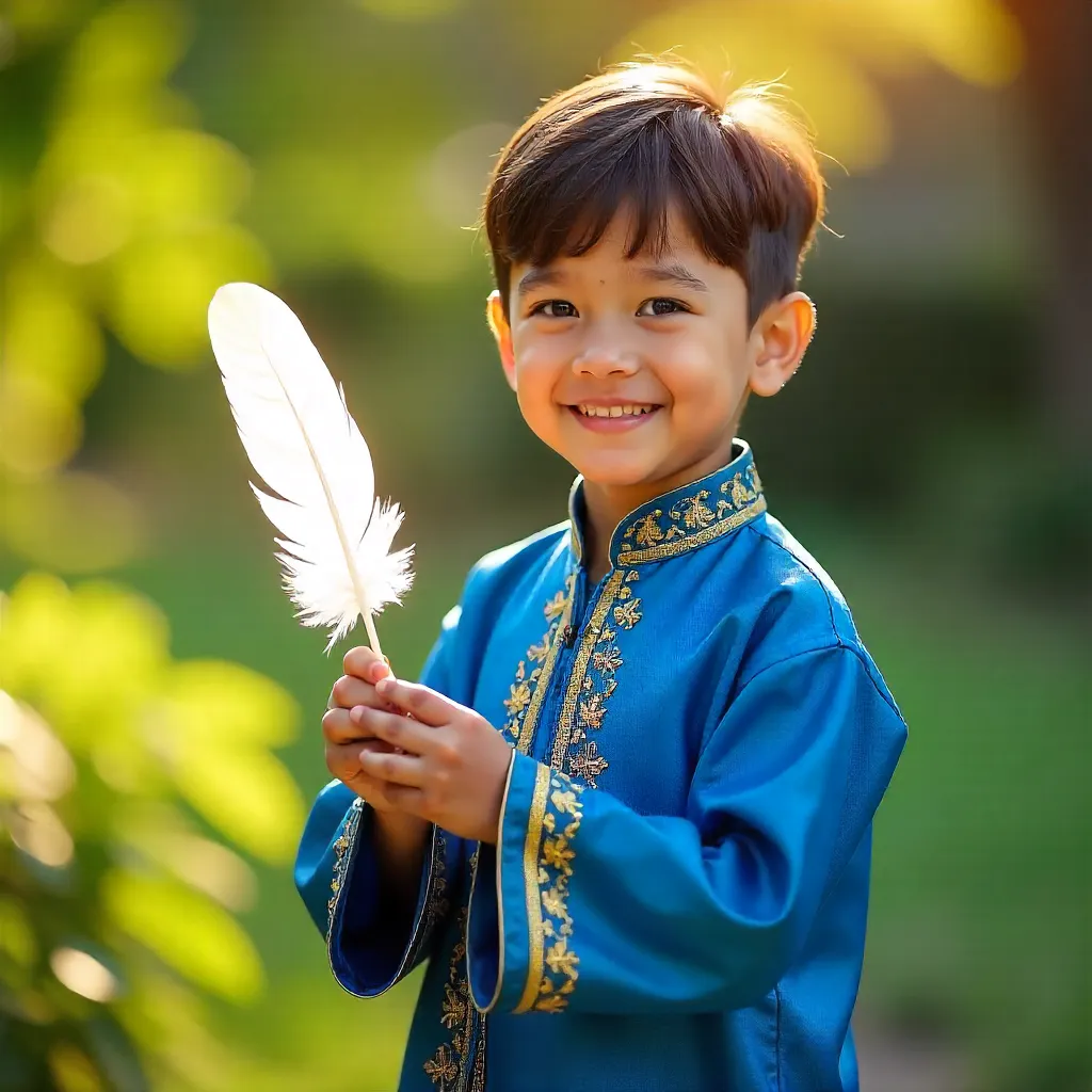 Young Boy in Vibrant Blue Traditional Attire with White Feather