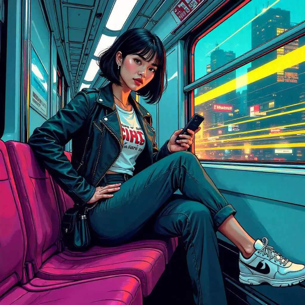 Stylish Asian Girl in a Comic-Book Train Scene