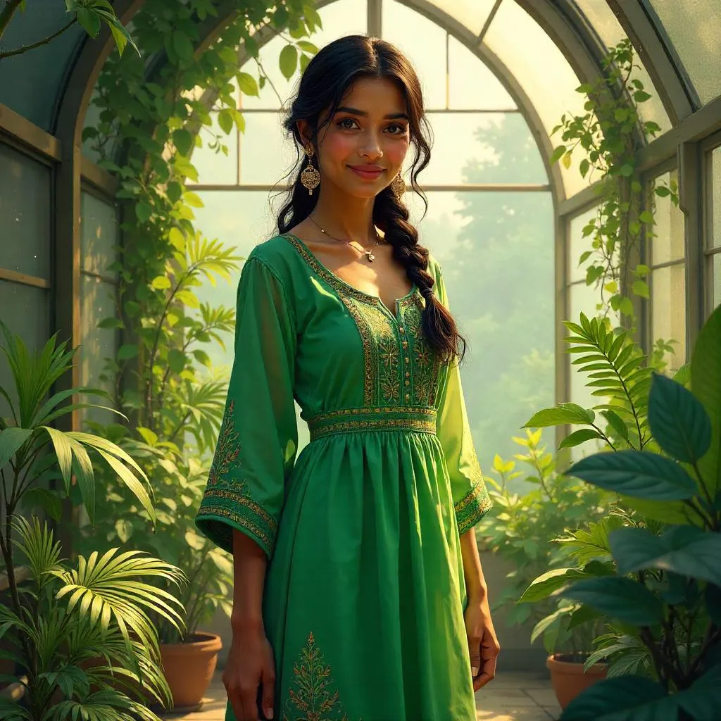 Greenhouse Reverie: A Young Indian Woman in Digital Art