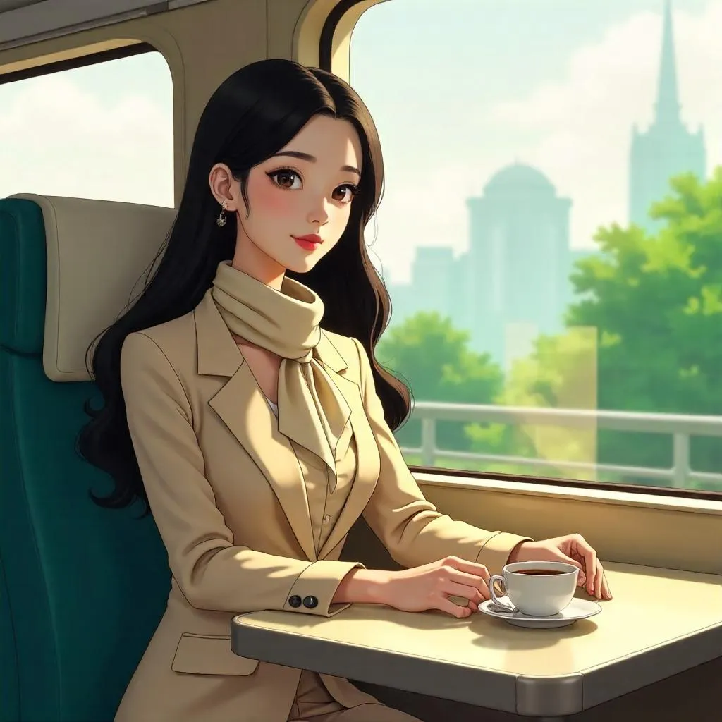 Elegant Asian Woman in a Train — Anime Style