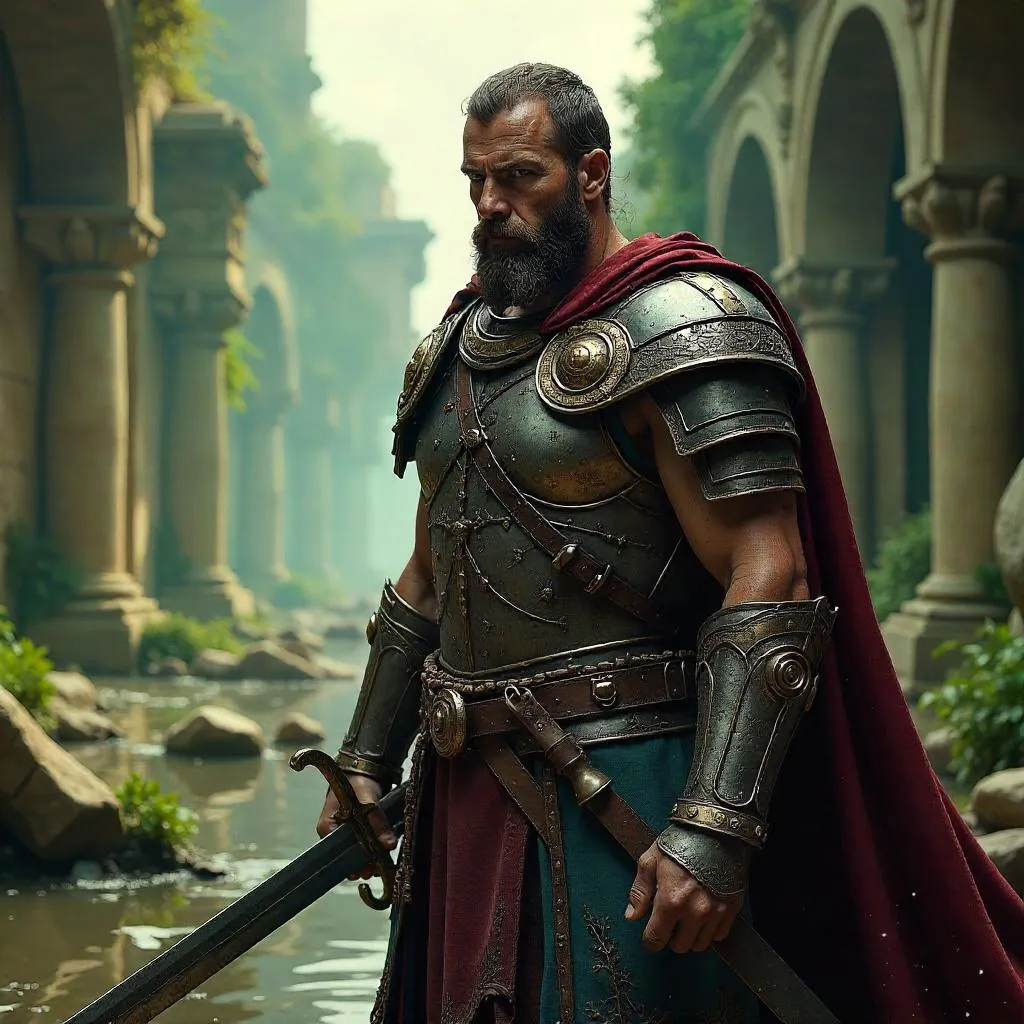 Photorealistic Warrior Amid Lost City Ruins