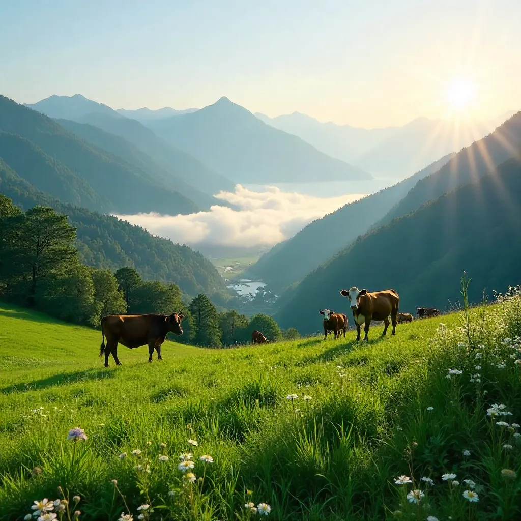Mist over Cows on a Lush Hillside Valley